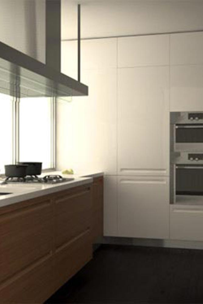 Diseño de mueble de cocina moderno blanco y madera linea Geo
