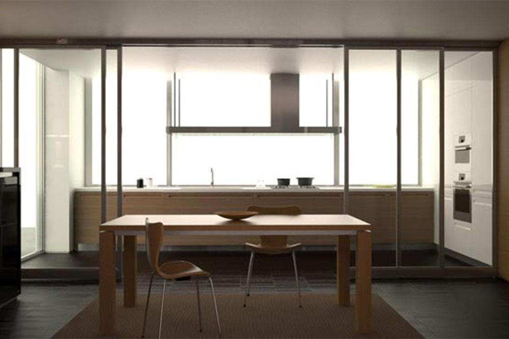 Diseño de mueble de cocina moderno blanco y madera linea Geo